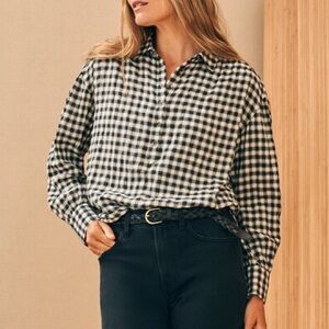 Faherty Olli Top Moonlit Gingham Black White Plaid Relaxed Fit Button Up Shirt